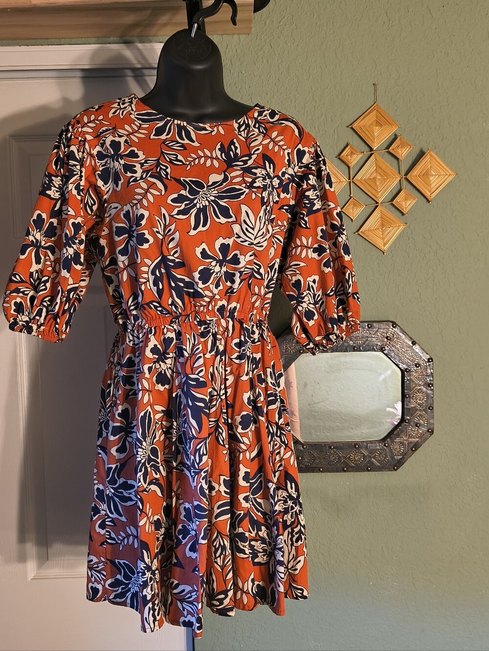 Melloday Orange Navy Floral Cutout Back Smocked Pocket Dress Size M